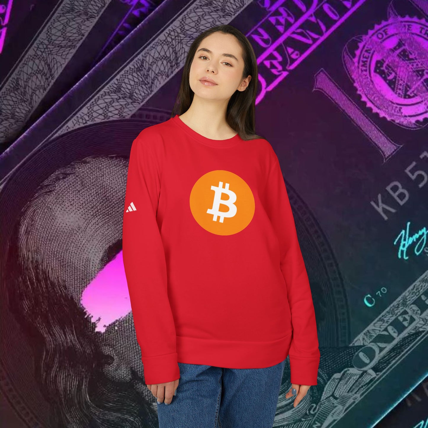 adidas® Unisex Fleece Crewneck Sweatshirt (Bitcoin - BTC) big logo