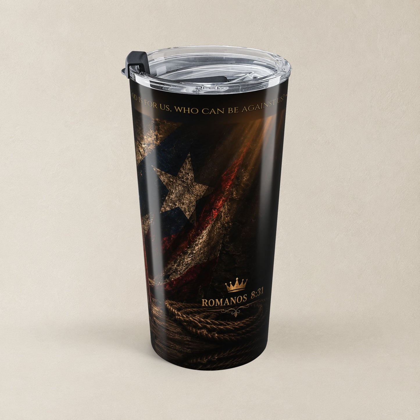 Vaso Térmico Cristiano Romanos 8:31 | Machete Boricua Bandera PR | Christian Tumbler Romans 8:31
