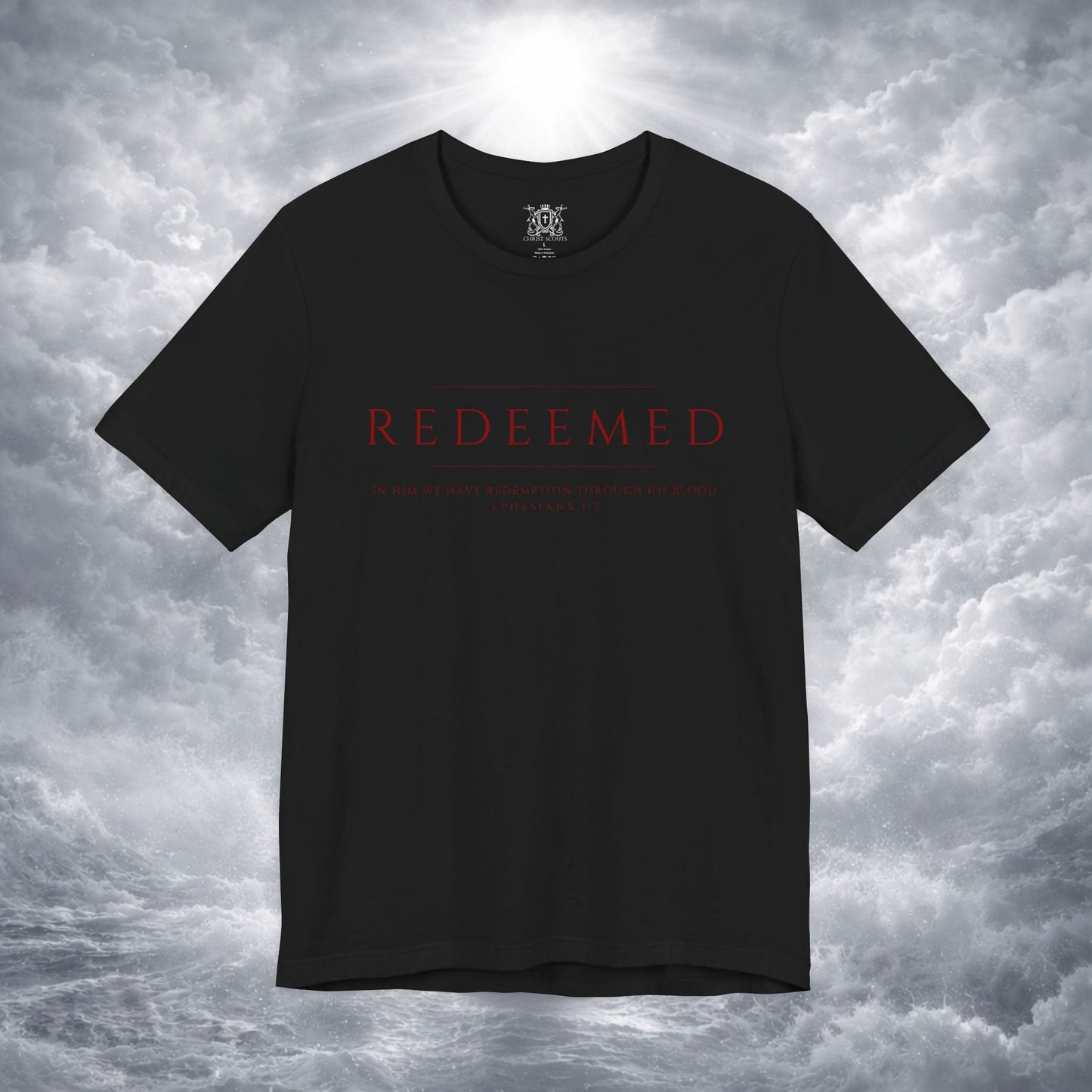 REDEEMED Christian Shirt | Ephesians 1:7 Bible Verse Tee | Christian Apparel