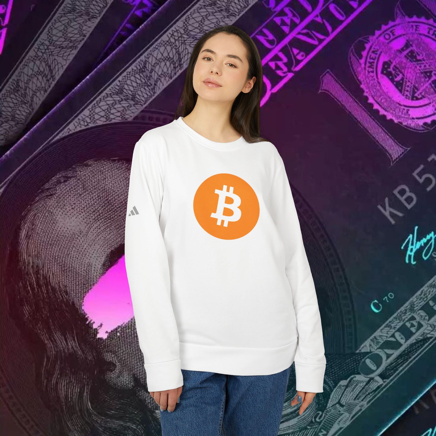 adidas® Unisex Fleece Crewneck Sweatshirt (Bitcoin - BTC) big logo