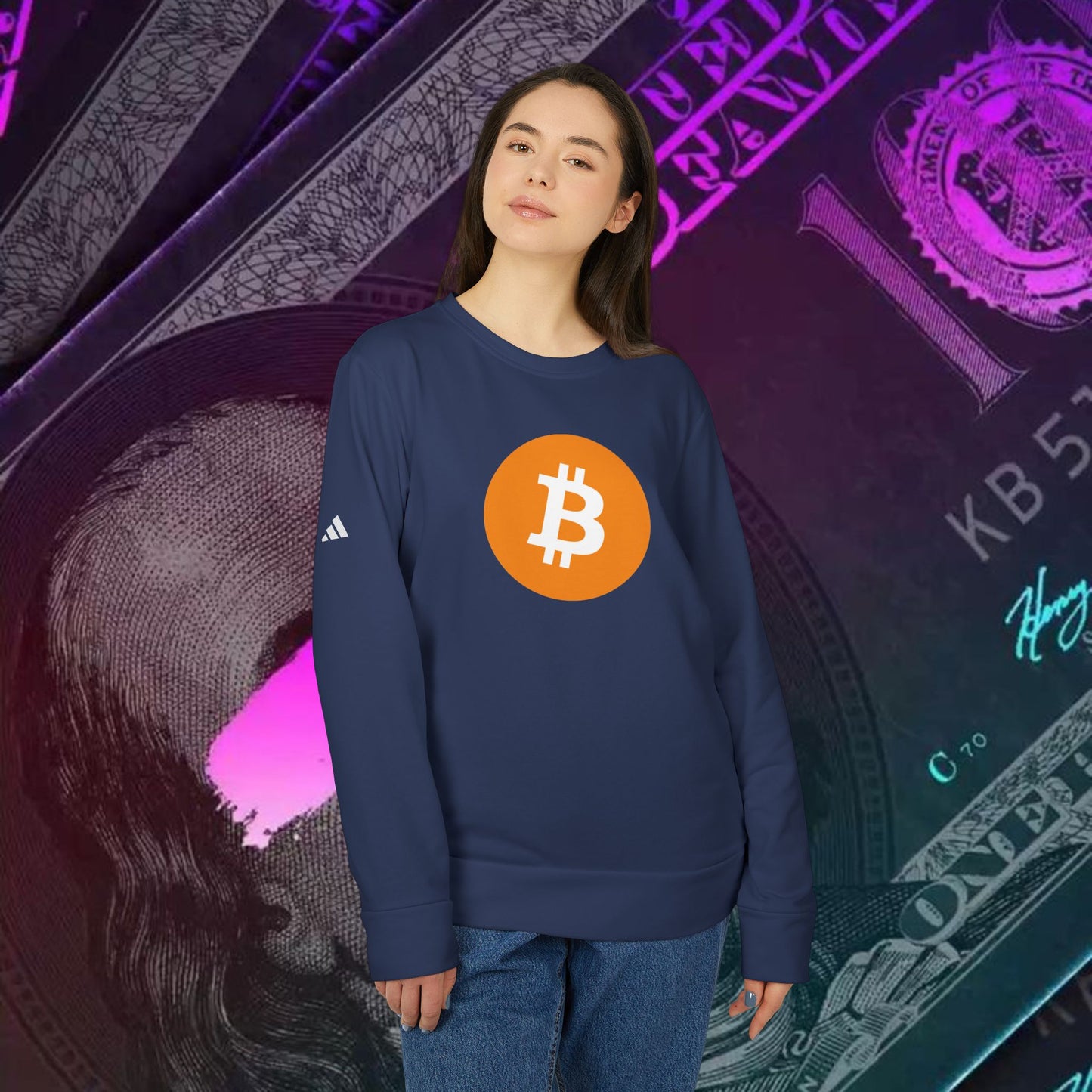 adidas® Unisex Fleece Crewneck Sweatshirt (Bitcoin - BTC) big logo