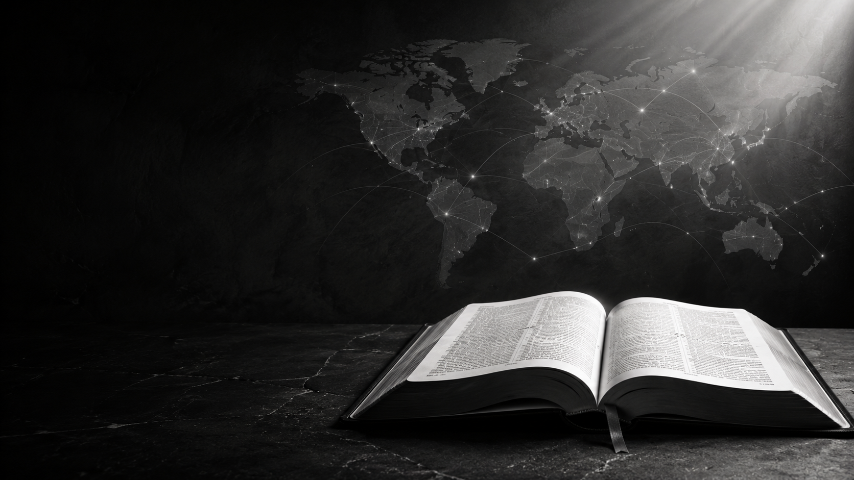 An open Bible beneath a connected world map, representing churches, missionaries, and Christian ministries around the world.