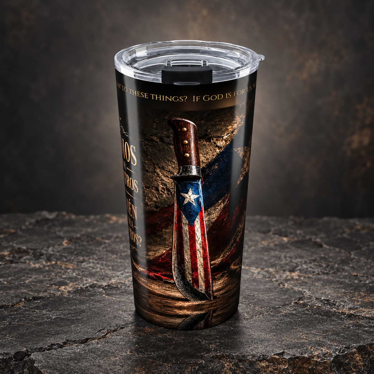Romans 8:31 Puerto Rico machete tumbler on dark charcoal stone